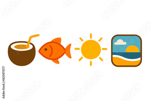 Summer vibes and vacation fun are represented by tropical symbols such as sun, palm trees, and fruits