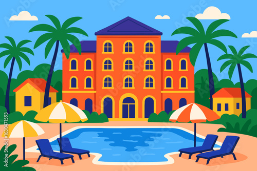 A lavish villa featuring blue and white hues, a swimming pool, and palm trees, situated at a tropical beach resort under sunny skies