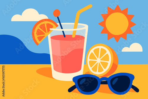 A revitalizing summer drink adorned with an orange slice and umbrella, paired with sunglasses and flip-flops