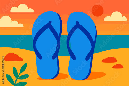 Vibrant flip-flops rest on a sandy beach, set against a backdrop of rolling ocean waves and a cloudless sky