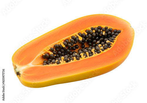 Freshly Cut Papaya Showing Black Seeds and Flesh.