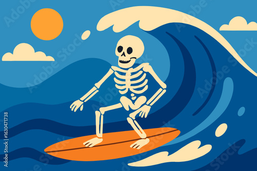 A skeleton surfer catches waves at sunset, evoking a relaxed atmosphere for those who adore the beach