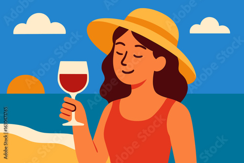 Vector illustration of a stylish woman with a cocktail, embodying a dolce vita vibe, for a summer banner in poster design