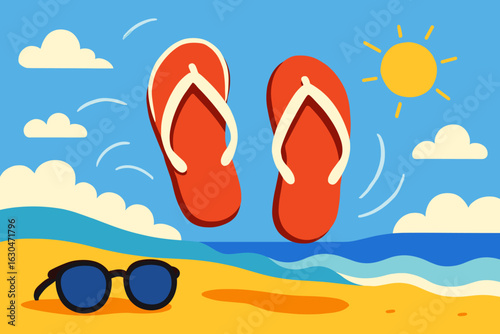 Essentials for a summer beach vacation include flip flops, sunglasses, and a palm leaf for a relaxing holiday season getaway
