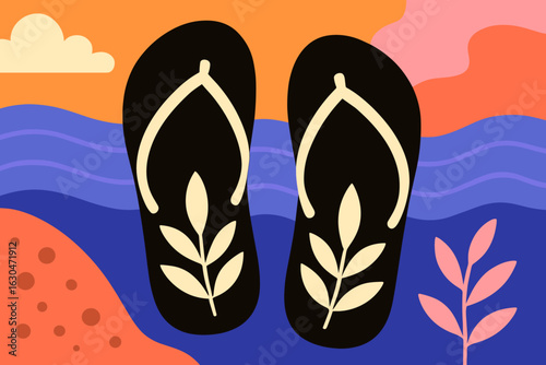 A minimalist vector icon featuring flip-flops with a natural leaf detail symbolizes summer and an eco-friendly lifestyle