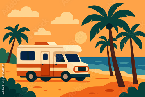 A camper van is parked on the beach for a relaxing summer getaway