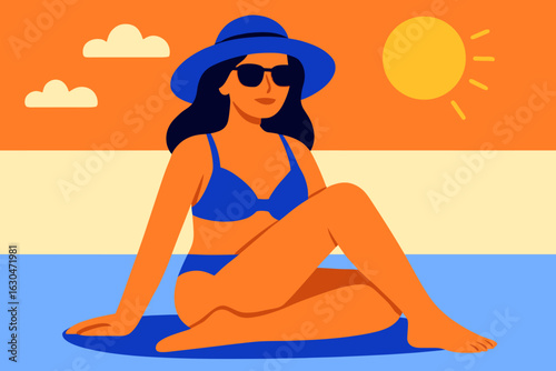 A serene woman wearing a blue bikini and hat is meditating on the beach