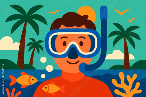 A snorkeling mask floats on the water's surface with palm trees visible in the background