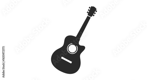 Acoustic guitar silhouette vector illustration on white background, musical stringed instrument icon or logo design concept for entertainment and