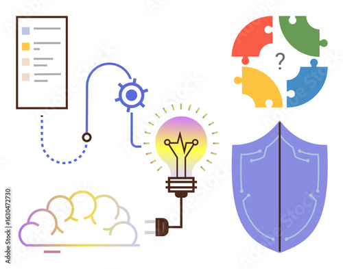 Puzzle pieces representing teamwork, lightbulb for creativity, cloud for networking, shield for security, and workflow gear for solutions. Ideal for innovation, problem-solving, brainstorming