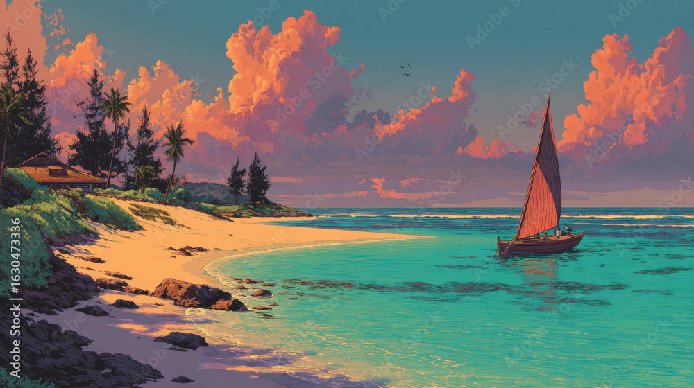 Naklejka premium Scenic tropical beach with sailboat sailing on turquoise water under colorful sunset clouds