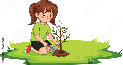 Young girl planting tree outdoors, environmental care illustration, eco-friendly gardening activity, nature education, sustainable lifestyle, child gardener, outdoor green action
