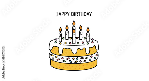 Whimsical Birthday Cake Illustration with Lit Candles and Festive Sprinkles for Celebratory Designs