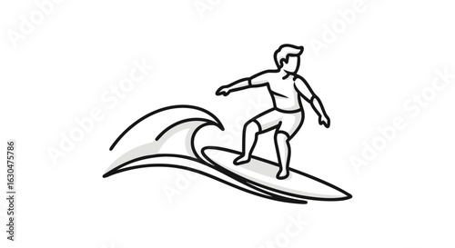 Stylized vector illustration showcasing a surfer gracefully riding a wave with minimalist design portraying a carefree and active lifestyle