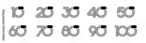 Set of collection numbers 10 to 100 with price tag vector illustration. Price tag with numbers 10, 20, 30, 40, 50, 60, 70, 80, 90, 100 for promo, discounts and more.