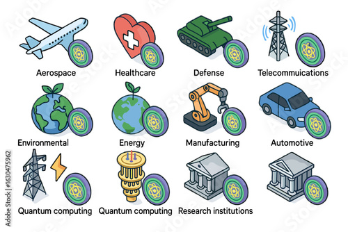 Industries science telecommunications healthcare energy quantum icon aerospace vector research manufacturing institutions