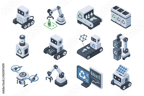 Icon battery recycling unit ai stacker plastic system bot vector drone icons