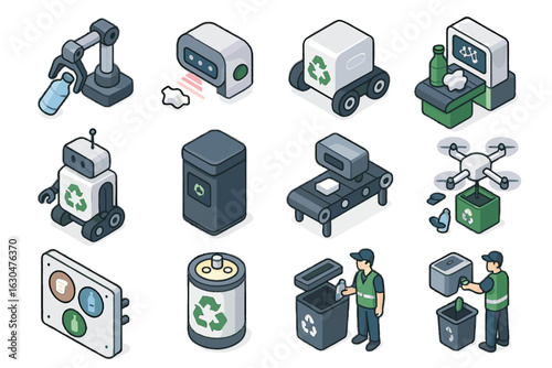 Assisting scanning trash unit vector recycler isometric recycle bots sensor material icon