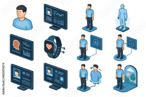 Body biometric vector twin isometric icon feedback wearable panel sync virtual