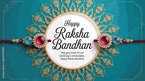 Raksha Bandhan greeting card with ornate rakhis, golden floral frame, and teal background celebrating strong and unbreakable sibling bonds