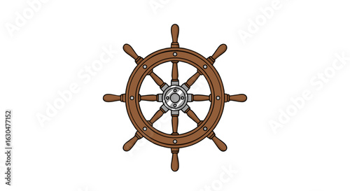 Nautical Navigation: A Detailed Illustration of an Eight-Spoke Wooden Ship's Wheel Symbolizing Direction and Adventure