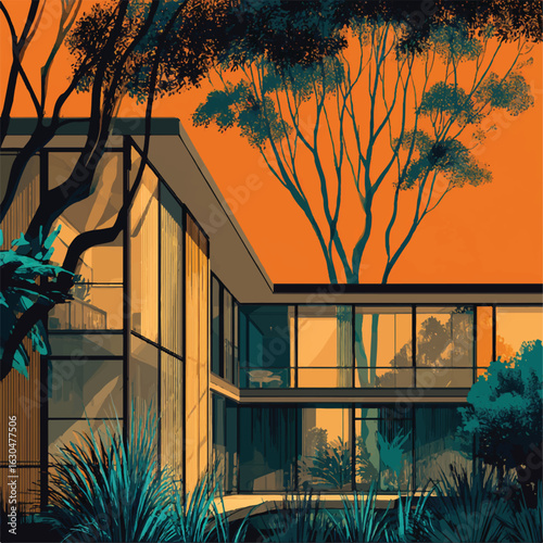 Architectural Modern House Exterior with Orange Sky and Lush Vegetation Illustration Art Print