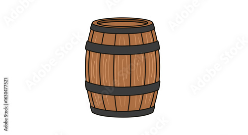 Cartoon Illustration of a Classic Wooden Barrel with Dark Hoops and Grain Texture Depicted on a Plain Background