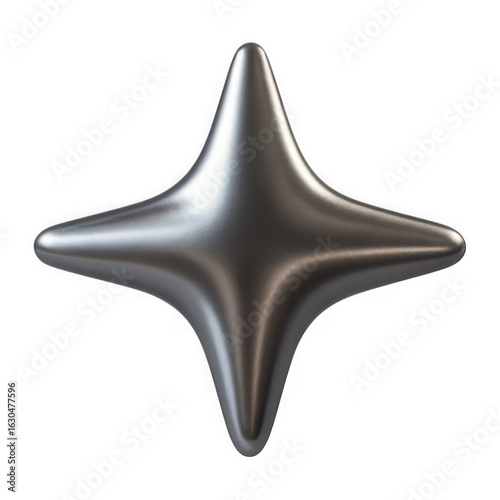 3D icon of an abstract shape shiny metallic four pointed star shape object isolated on transparent background for design
