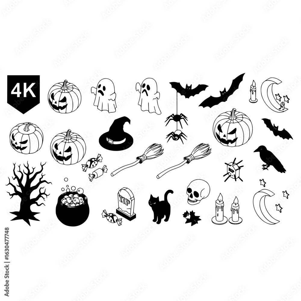 Fototapeta premium Halloween vector illustration set with pumpkin ghost bat cat skull candle and other spooky elements design