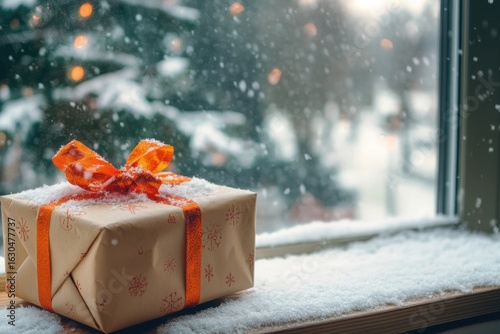 Photo of christmas gift box with orange ribbon on snowy windowsill