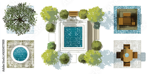 Architectural Rendering of a Modern Backyard Oasis with Pool and Lush Landscaping Top Down View Design Illustration