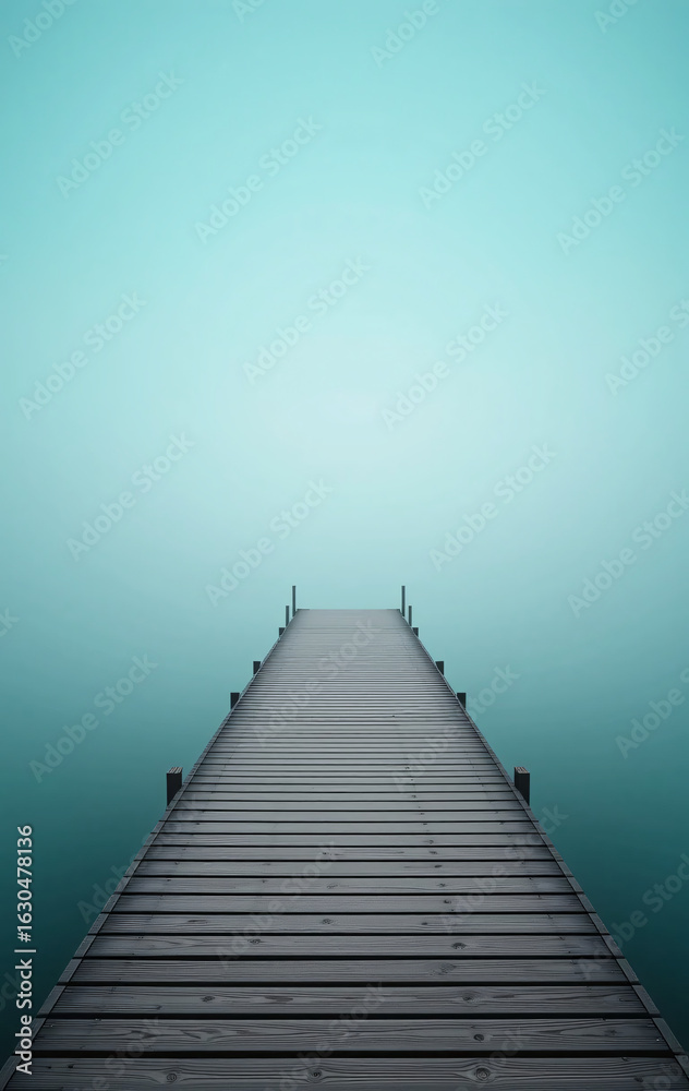 Obraz premium Wooden Pier Leading Into Calm Misty Lake, Minimalist Nature Scene with Fog, Tranquil Water Reflection Landscape