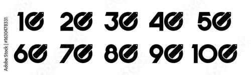 Set of collection numbers 10 to 100 with price tag vector illustration. Price tag with numbers 10, 20, 30, 40, 50, 60, 70, 80, 90, 100 for promo, discounts and more.