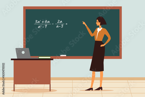 Female teacher at the blackboard conducting a lesson in the classroom. Back to school concept. Vector illustration of a school classroom with a female teacher.