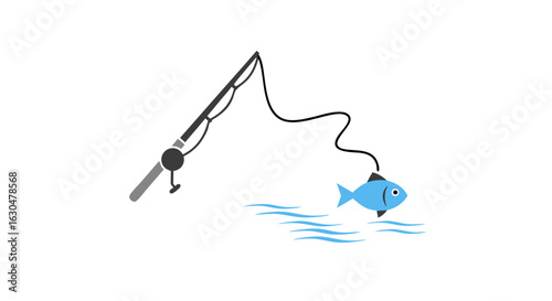 Cartoon illustration showcasing a fishing rod catching a stylized blue fish near the water surface using basic shapes