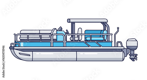 Stylized Vector Illustration of a Pontoon Boat Featuring Clean Lines and Soft Blue Hues Depicting Leisure and Recreation at the Lake