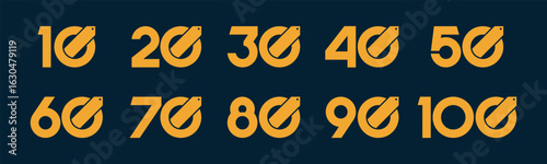 Set of collection numbers 10 to 100 with price tag vector illustration. Price tag with numbers 10, 20, 30, 40, 50, 60, 70, 80, 90, 100 for promo, discounts and more.