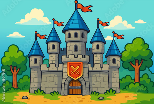 Fantasy Castle Fortress Illustration with Blue Towers