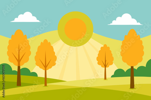 Stylized autumn landscape with orange trees and bright sun