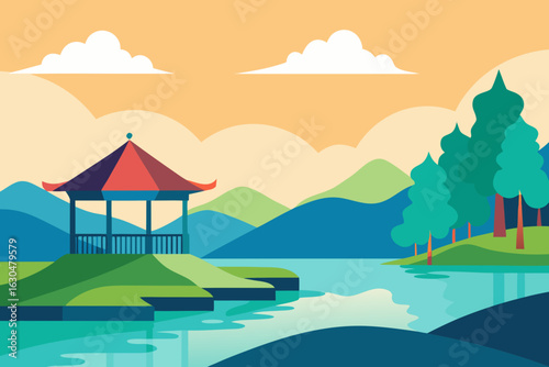 Serene lakeside landscape with traditional gazebo and rolling hills