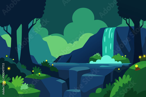 Enchanting night forest waterfall with fireflies and stars
