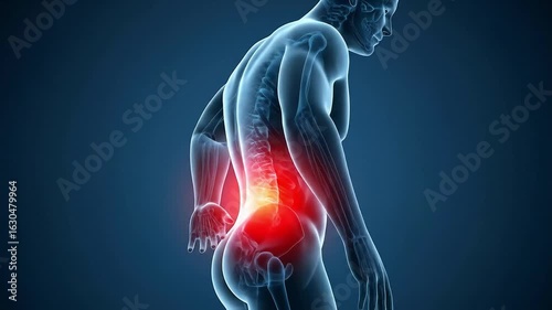 Back Pain Radiating From Red Lumbar Region of Skeletal Human Body On Dark Blue Background Showing Medical Condition
