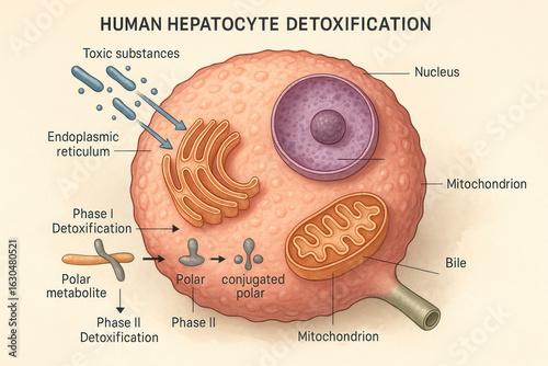 Human Hepatocyte Detoxification Process, Illustrated View of Liver Cell, Phases I and II. Illustration