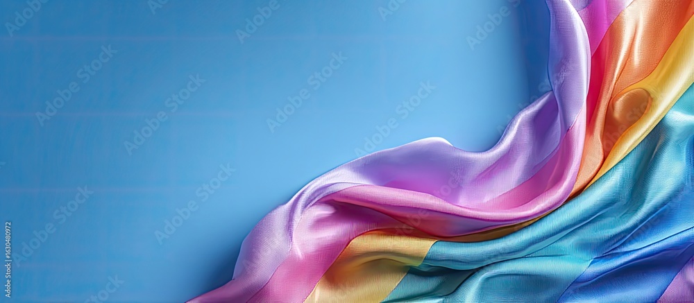 Obraz premium Draped, rainbow-striped silk fabric against a light-blue background. A vibrant display of color and flowing texture