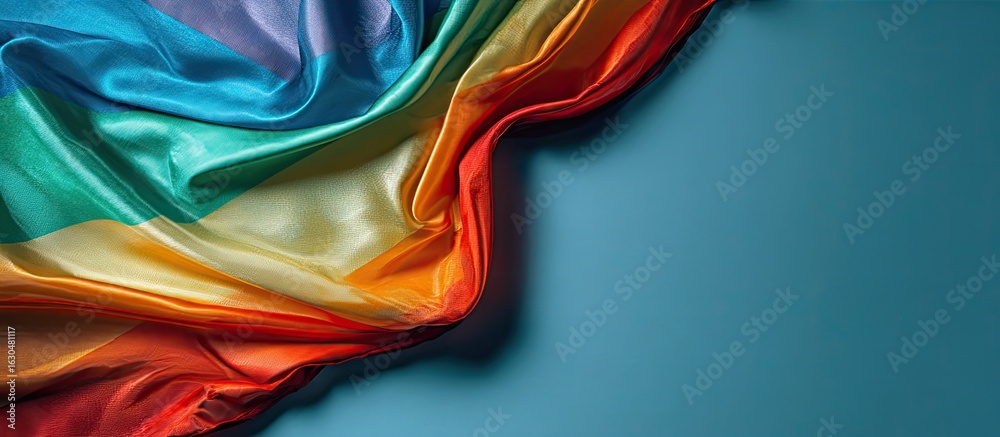 Obraz premium Draped rainbow flag in vibrant hues, showcasing smooth silk texture against a muted teal background