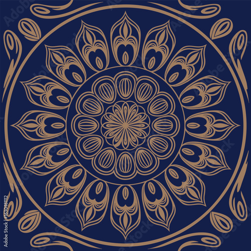 Ornate Mandala Pattern in Tan on Navy Background Geometric Design