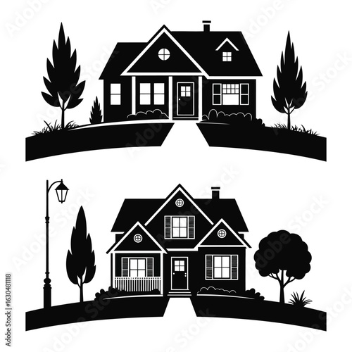 Suburban house silhouettes – scenic neighborhood homes vector black silhouette isolated on white background
