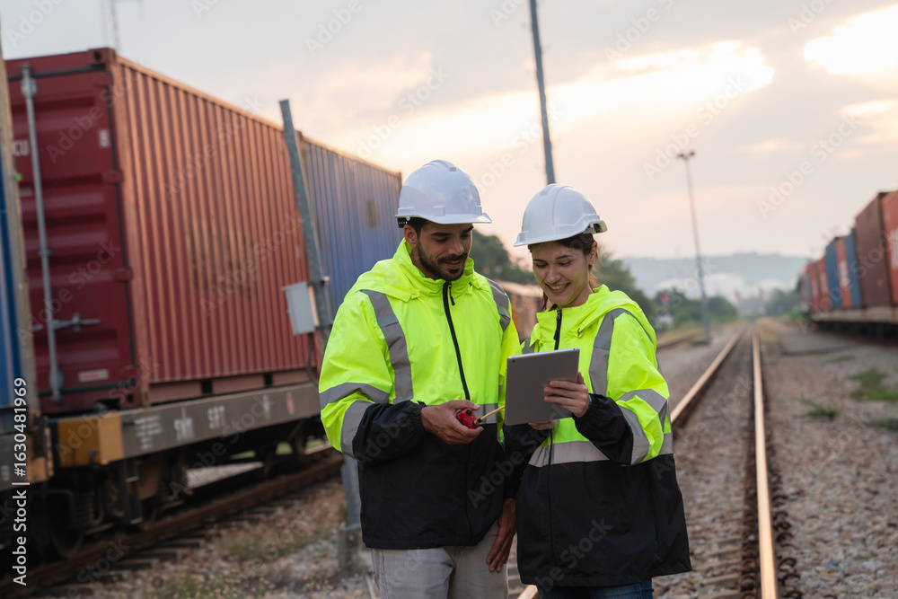 Foreman checking inventory or task details on freight train cars and shipping containers. Logistics concept, import, and export industries. Foreman checking inventory or task details on freight train cars and shipping containers. Logistics concept, import, and export industries.