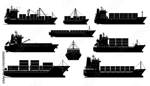 Silhouetted maritime transport vector illustration showcasing global trade concept
