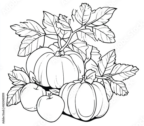 Black and White Thanksgiving Harvest Arrangement with Pumpkins Apples and Autumn Leaves Coloring Page for Seasonal Designs and Illustrations